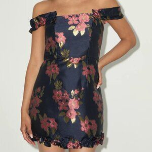 Pop the Bottle Navy Blue Floral Jacquard Ruffled Mini Dress